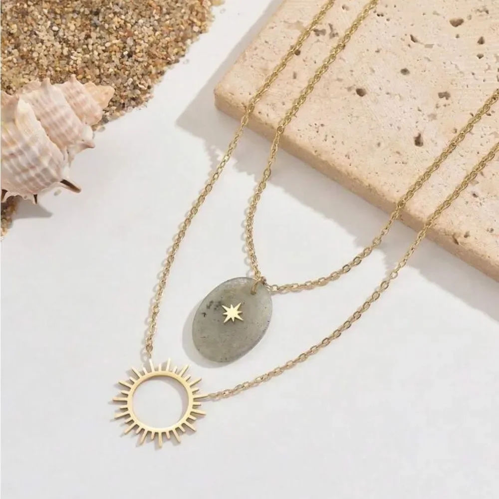 Layered Necklace with Sun and Star A1173_2